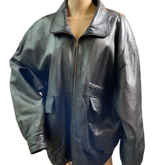 Falls Creek Black Leather Zip Front Bomber Jacket Size Extra Large Vintage Biker - Picture 1 of 16